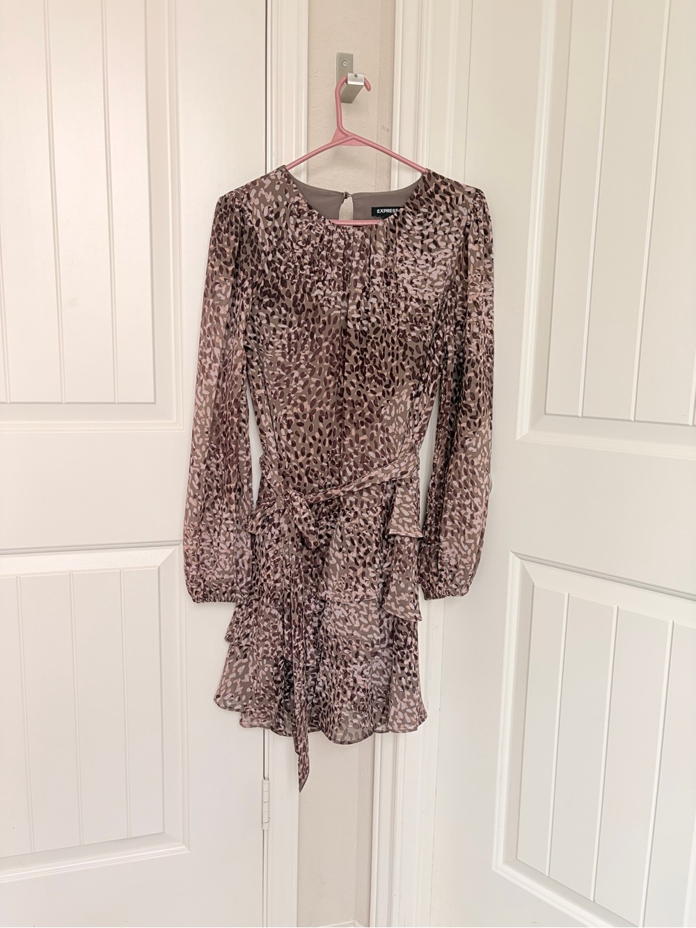 Express Taupe Leopard Print Long Sleeve Ruffle Wrap Dress